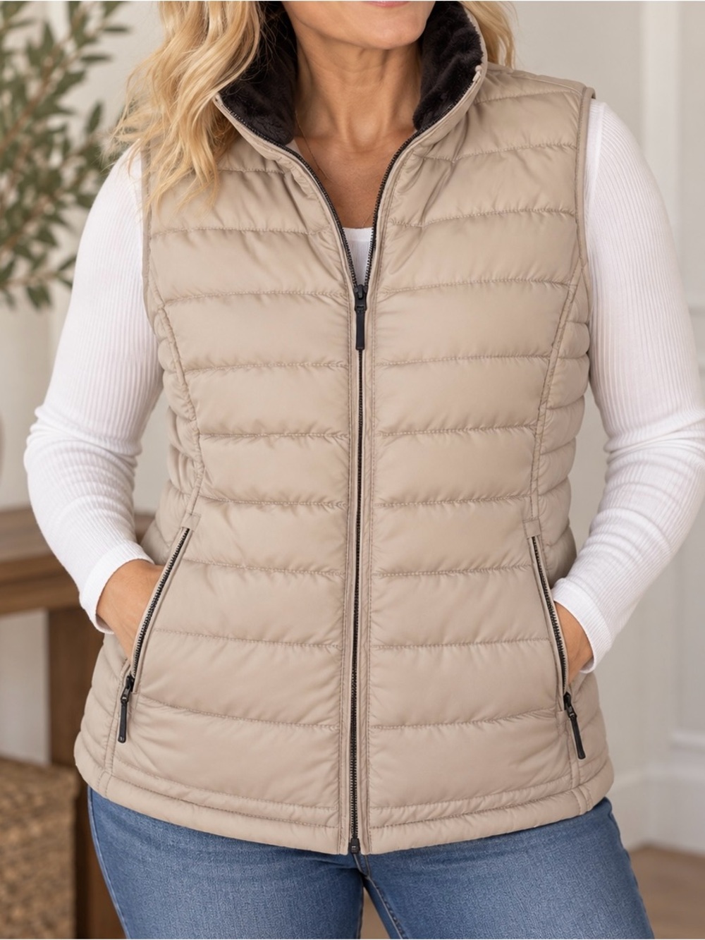Weatherproof Beige Quilted Puffer Vest with Contrast brown faux fur inside